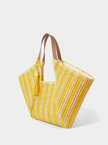 Boho Woven Straw Tote Bag, Large Capacity With Fringe And Striped/Smooth PU Handles For Beach, Vacation, Summer - Yellow - View 2