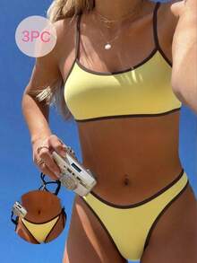 Swim Mod 2025 New 3pcs/Set Women Spaghetti Strap Wireless Solid Color Bikini Swimwear Set - Yellow - View 7
