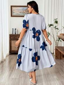 Weeklong Vestido casual de vacaciones con cuello redondo, manga corta y estampado floral para mujer de talla grande - Neblina azul - Ver 2