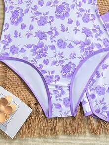 SHEIN Setelan Baju Renang dan Celana Pendek Terusan untuk Remaja Perempuan, Motif Bunga, Leher Halter yang Dapat Diatur, Gaya Prancis yang Imut, Liburan Musim Panas di Pantai, Kolam Renang, dan Selancar. - Mauve Purple - View 3