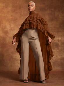 Vixey Sheer Chiffon Layered Ruffle Mock Neck Hi Low Hem Cape Top - Brown - View 3