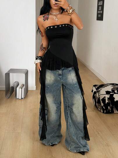 Coolane Women's Summer Party Chic Goth Punk Rave Outfit Sexy Streetwear Grommet Eyelet Stretchy Black Bustier Ruffle Tube Tops Black Tops  Summer Outfit For Women