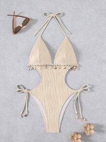 SHEIN Swim Women's Halter Tie Back Shell Decor One-Piece Swimsuit, Suitable For Beach Vacation, Pool Party, Beach Party - Beige - View 4