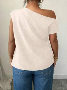 Elenzga Black Plus Size Shirt With Ruched Design, Comfortable Casual Short Sleeve Oblique Shoulder, Suitable For Spring, Summer, Autumn - Apricot - View 2
