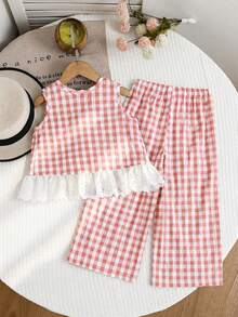 Emery Rose Kids Emery Rose Kids Bộ áo hai dây kẻ caro viền ren và quần dài kiểu dáng thường ngày cho bé gái tuổi teen. - Hồng - Xem 5