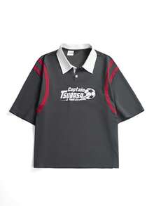 Captain Tsubasa X SHEIN STYNVO Men's Color Block Letter & Football Print Casual Everyday Polo Shirt - Grey - View 5