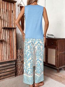 Breezaya Women's Casual Solid Color Tank Top & Full Length Pants 2 Pieces Set, Summer - Baby Blue - View 2