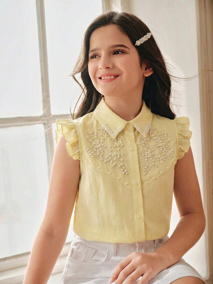Anewsta Tween Girls' Sweet Cute Solid Color Faux Pearl Ruffle Armhole Blouse, Summer - Yellow - View 1