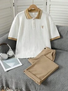 两件套青少年男士绅士套装，白色针织Polo领休闲衬衫+卡其色长裤，绅士西装，商务优雅校园风，生日派对日常休闲装，简约风格 - 白色 - 查看 3
