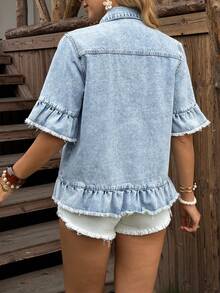 Breezaya Áo khoác denim nữ dáng casual, cổ tay áo xếp ly tua rua, cài một hàng khuy. - Màu xanh lam - Xem 2