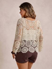 Freevana Plus Size Women Vacation Hollow Out Knitted Cardigan Fall - Khaki - View 2