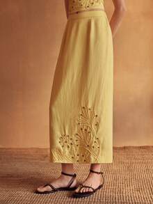 MOTF PREMIUM WOMEN'S LINEN ROPE EMBROIDERED BEADED VACATION SKIRT - Yellow - View 7
