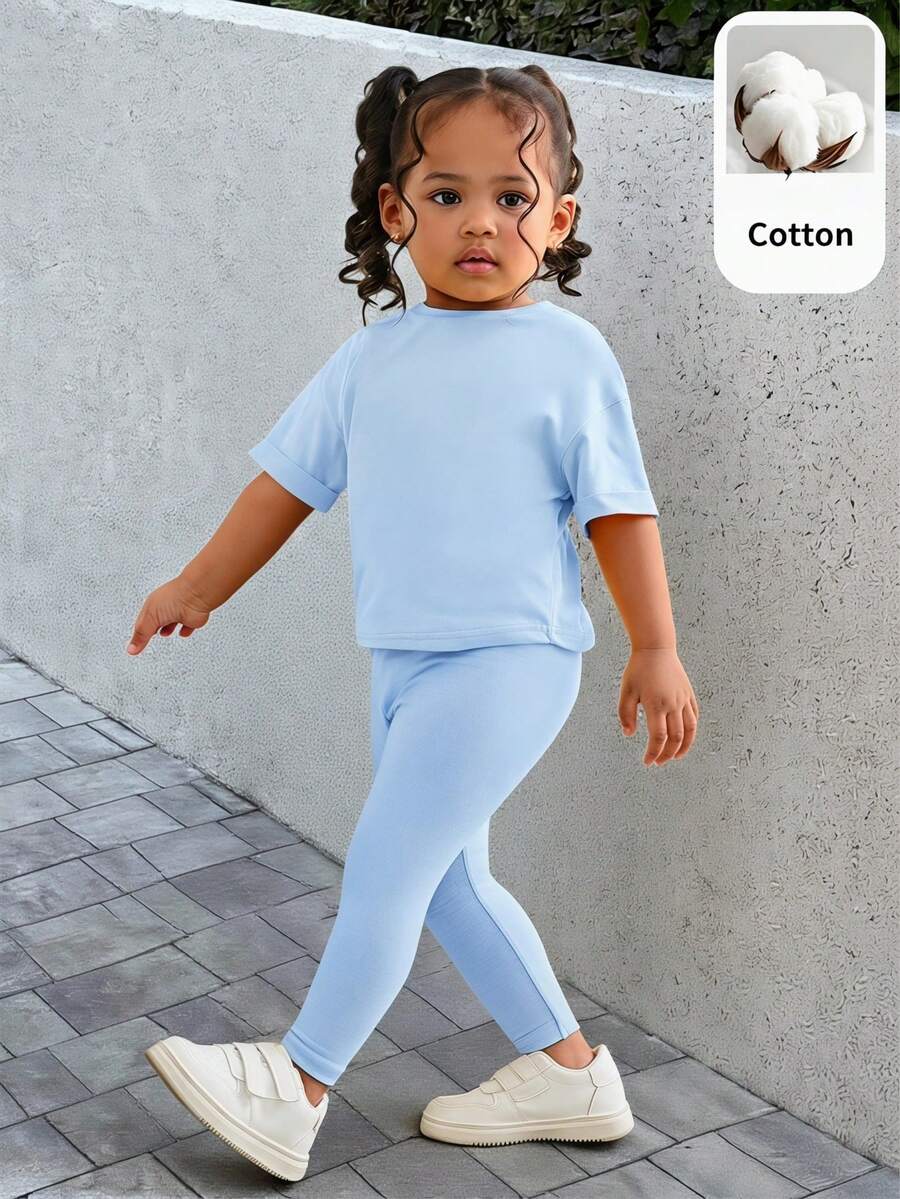 SHEIN Set 2 Potong Baju dan Celana Rajut Longgar Warna Polos untuk Bayi Perempuan - Dusty Blue - View 1