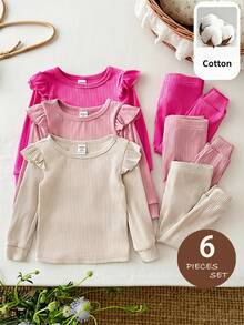 SHEIN 6pcs Baby Girl Knitted Solid Color Round Neck Ruffle T-Shirt And Pants Set - Multicolor - View 8