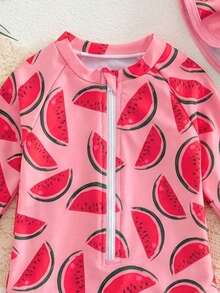 SHEIN Newborn Baby Watermelon Print Raglan Long Sleeve Rash Guard With Hood - Baby Pink - View 4