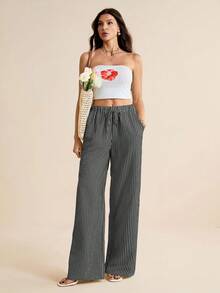 SHEIN Tall Quần nữ ống đứng dáng rộng kẻ sọc, cạp chun, kiểu dáng thường ngày. - Màu xám đen - Xem 6
