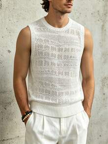 Airaco Men's Solid Color Crew Neck Sleeveless Hollow Casual Knit Top For Summer Daily Wear - White - View 4