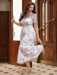SHEIN Clasi Plus Size Women's French Floral Patchwork White Summer Elegant Wedding Tea Party Maxi Dress,Mesh Puff Sleeve Tie-Front Retro Chiffon Date Holiday - Multicolor - View 6