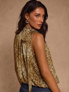 SHEIN Glamour Áo kiểu nữ không tay, cổ buộc dây, xếp nếp, họa tiết da báo. - Nhiều màu - Xem 7