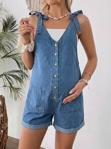 SHEIN Áo liền quần denim một hàng cúc, thắt nút vai dành cho bà bầu, kiểu dáng thường ngày đa năng. - Màu xanh lam - Xem 6