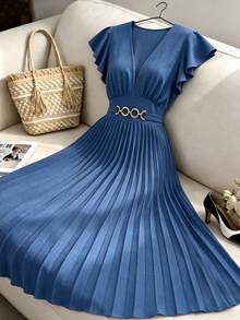 Elenzga New V-Neck Ruffle Sleeve Woven Solid Color Metal Decor Button Pleated Design Elegant Young Party Holiday Dinner Cocktail Maxi Dress For Women - Blue - View 3