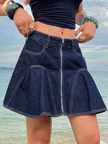 Livesso Chân váy denim ngắn nữ kiểu dáng thường ngày, đa năng, có túi khóa kéo, phù hợp cho các buổi hẹn hò và đi chơi. - Màu xanh lam - Xem 5