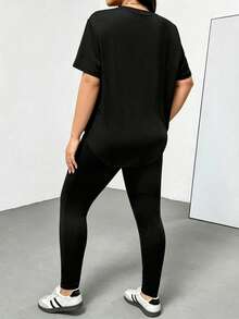SHEIN Essnce 大码夏季休闲纯色T恤和打底裤两件套 - 黑色 - 查看 2