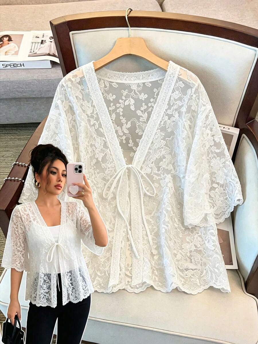 GlowEve CURVE Áo khoác cardigan nữ cỡ lớn cổ chữ V, thắt nơ phía trước, chất liệu xuyên thấu, cổ choàng, tay lửng, thêu, khoét lỗ. - trắng - Xem 1