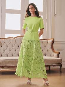 Anewsta French Elegant Round Neck Short Sleeve Water-Soluble Lace Patchwork A-Line Dress For Women Graduation College Light Green Summer - Green - View 5