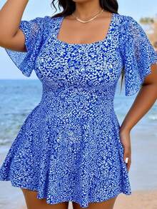 Swim Lushoire Plus Size Women's Pink Ditsy Floral Short Sleeve Tankini Swimsuit - Multicolor - View 5