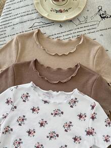LMoss Kids 6件套女婴可爱休闲碎花弹力针织连体衣套装 - 卡其色 - 查看 6