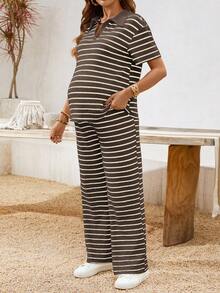 SHEIN 2件套孕妇条纹Polo领短袖T恤和可调节腰围休闲裤套装 - 棕色 - 查看 4