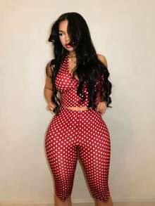 BamGleam Women's Sexy Polka Dot Print Backless Halter Top And Leggings 2 Pieces Set, Summer - Red - View 3