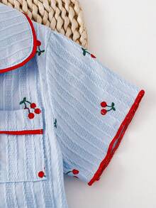 2pcs Baby Girls' Red Cherry Print Comfortable Jacquard Collar Short Sleeve Top And Pants Homewear Set - Blue - View 7
