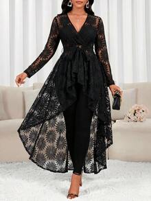 SHEIN Lady Áo kiểu nữ dài tay ren, vạt trước ngắn vạt sau dài, thích hợp cho đám cưới và tiệc tùng. - màu đen - Xem 4