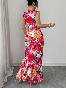 Elenzga Women's Floral Print V-Neck Slit A-Line Dress,White,Summer,Bachelorette Party,Vacation,Holiday,Waist Cinched,Elegant French Retro Mid-Length Fashion - Multicolor - View 4