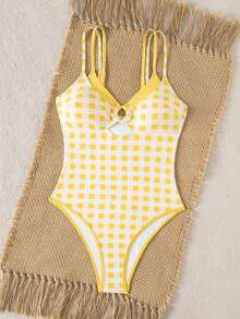 Swim Mod Women's One-Piece Plaid Swimsuit With Spaghetti Straps, Suitable For Beach Vacation, Spring/Summer - Yellow - View 6