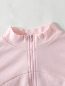 SHEIN Tween女孩2件式街頭風修身套裝，拉鍊夾克與高腰喇叭褲，修身夾克配拉鍊細節，女孩拉鍊夾克與喇叭褲套裝，粉色春季風格，適合日常、運動、休閒、學校、網球、瑜珈等場合 - 粉色 - 查看 5