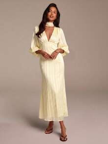 COSMINA Women's Deep V-Neck Ruched Casual Party Dress - Light Yellow - View 1