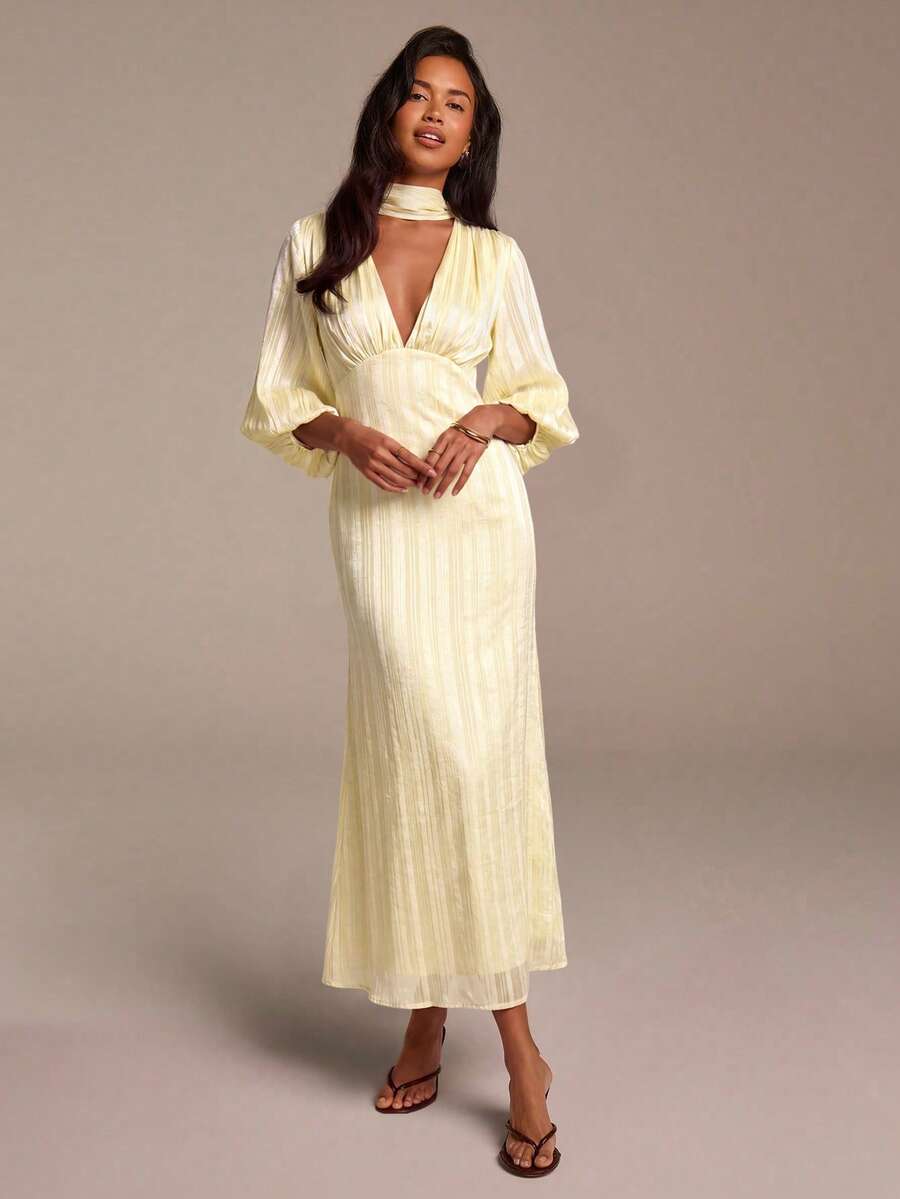 COSMINA Women's Deep V-Neck Ruched Casual Party Dress - Light Yellow - View 1