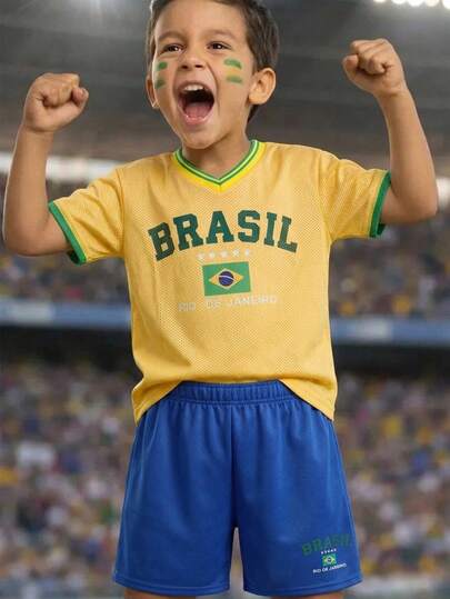 2pcs Kids/Tween Boys' Casual School Print Pattern Crew Neck Loose Short Sleeve T-Shirt, Brazil Soccer Jersey