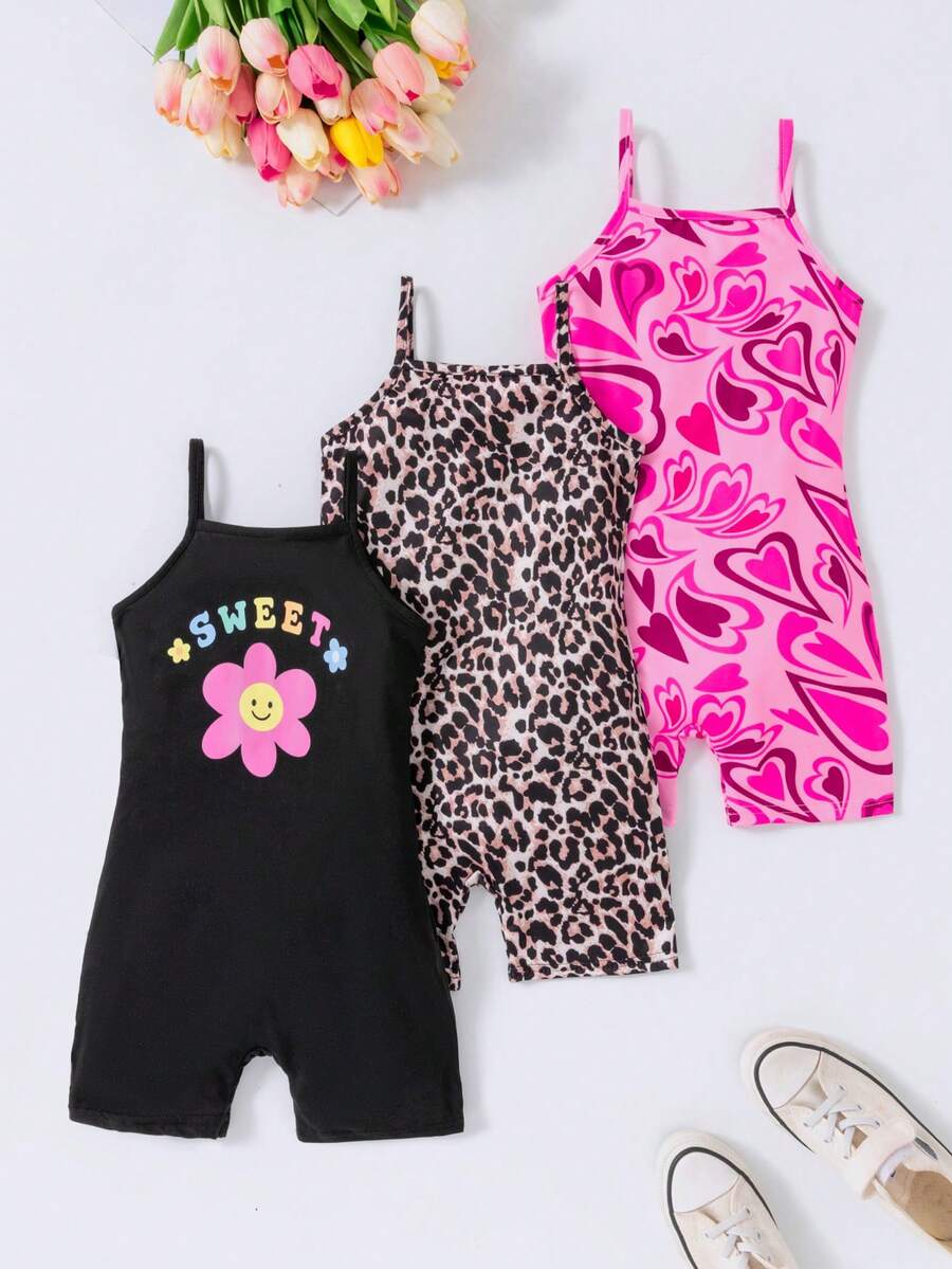 SHEIN Bộ áo liền quần 3 món cho bé gái, họa tiết trái tim kỹ thuật số, họa tiết da báo kỹ thuật số và họa tiết hoa trơn. - Nhiều màu - Xem 1