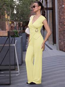 Andrea Bello 2件組秋季極簡通勤針織紋理舒適休閒金屬扣飾女士套裝夏季 - 黃色 - 查看 3