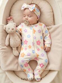 Cozy Pixies Bộ áo liền quần dài tay cổ tròn mềm mại họa tiết hoa cho bé gái sơ sinh (có kèm quần) - Nhiều màu - Xem 4