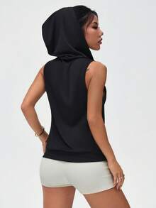 SHEIN Dewbera Áo nỉ nữ dáng rộng không tay, cổ chữ U, có mũ, thích hợp cho hoạt động thể thao ngoài trời, chạy bộ, tập yoga. - màu đen - Xem 5