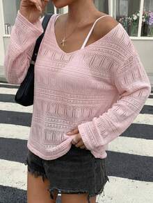 DAZY 女款寬鬆深V領長袖透視休閒上衣，都市街頭風秋季度假粉色格紋校園風T恤 - 粉色 - 查看 3