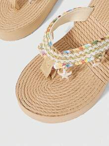 ROMWE Fairycore Dép sandal nữ đế bệt mùa hè hở ngón kiểu La Mã đi biển, đính hoa 3D, chất liệu rơm, mát, dép đi trong kỳ nghỉ, giày thời trang - Màu be + sao biển - Xem 5