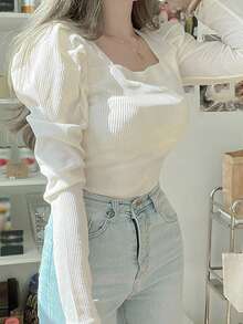 DAZY Solid Square Neck Gigot Sleeve Tee Long Sleeve Women Tops,Fall Women Clothes - Beige - View 7