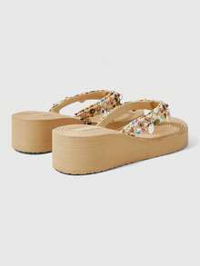 ROMWE Fairycore Sandal đế bằng nữ mùa hè, sandal hở mũi kiểu La Mã, sandal đi biển, sandal hoa ba chiều bằng rơm, dép đi nghỉ mát, giày dự tiệc. - Màu be + Hoa - Xem 3