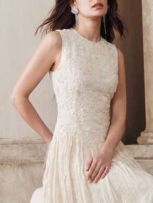 Anewsta Spring & Summer New High-Quality Standard Size Women's Dress, Elegant Sleeveless Embroidered Pleated Cinched Waist Asymmetrical Midi Vacation Style - Apricot - View 5